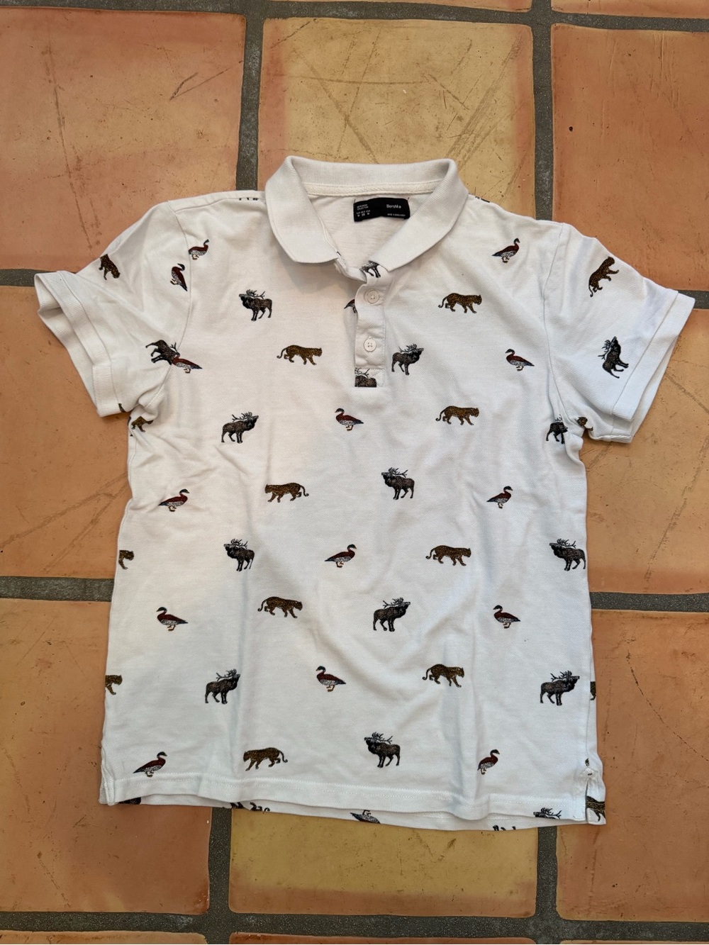 Bershka White Mens Polo with Animal Print